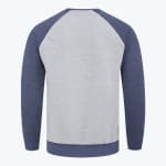 Back view of a grey and navy blue raglan sweatshirt with long sleeves and ribbed cuffs.