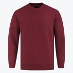 A maroon crewneck sweatshirt with a vertical center seam, ribbed cuffs, and a ribbed hem, displayed against a solid white background.
