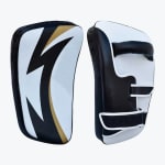 Front and back view of a pair of black, white, and gold curved Thai kick pads used for martial arts training.