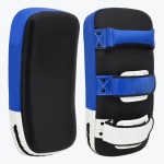 A pair of blue, black, and white martial arts kicking pads shown from the front and back against a white background.