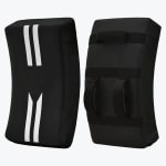 Front and back view of a pair of black curved martial arts kicking shields with white stripes on the front and adjustable straps on the back.