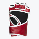Palm side view of a red leather fingerless MMA glove with white trim and an open palm design on a white background.