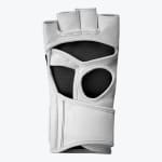 Palm view of a white leather fingerless MMA grappling glove with black cutouts on a white background.