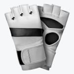 A pair of white leather fingerless MMA gloves with black accents, showing both the front and back views against a plain white background.