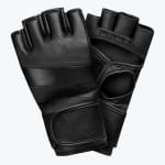 A pair of black leather fingerless MMA gloves shown against a plain white background, displaying both the back and palm sides.