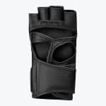 A black leather fingerless MMA grappling glove with an open palm design, isolated on a white background.