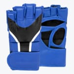A pair of blue and black fingerless MMA grappling gloves shown from the front and back against a white background.