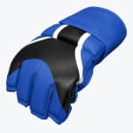 A fingerless MMA glove in blue and black with white accents, shown from the back of the hand on a white background.