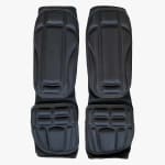 A pair of black elasticated shin and instep guards for martial arts, displayed against a white background.