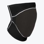 A close-up product shot of a black knee pad with white piping detail, shown from a side angle against a plain white background.