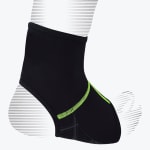 A black neoprene ankle support sleeve with bright neon green stitching, shown fitted on a stylized line-art foot.