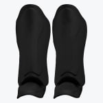 A pair of solid black athletic shin guards with built-in ankle sleeves on a white background.