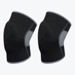 Two black compression knee sleeves with grey trim and a grey mesh back panel, shown side-by-side against a white background.