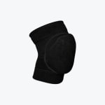 A side-angle view of a single black padded knee pad isolated on a white background.