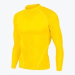 A bright yellow long-sleeve compression shirt on a white background, showing a tight-fitting athletic design with a mock neck and raglan sleeves.