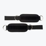 Two black padded ankle straps with silver D-rings and velcro fasteners, laid out horizontally against a white background.