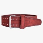A thick burgundy suede weightlifting belt with a double-prong silver buckle, shown buckled on a white background.