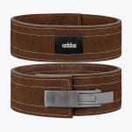 A two-part product image showing the front and back of a brown suede weightlifting belt with a silver lever buckle and an addos logo patch.