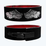 Two views of a black and red weightlifting lever belt, showcasing a white angel wings design on the back and a black lever buckle on the front.