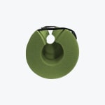 A green cylindrical foam barbell pad with a black security strap, showing the inner cutout for the neck and barbell, isolated on a white background.