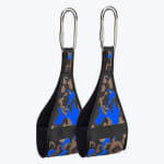 A pair of hanging ab straps with a blue and brown camouflage pattern, featuring padded arm loops and silver metal carabiners on a white background.