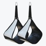 A pair of black and white padded hanging ab straps with metal carabiners on a plain white background.