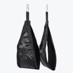 A pair of black padded hanging ab straps with metal carabiners, isolated on a white background.