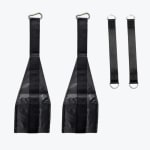 A pair of black hanging ab straps with carabiners and two extension straps with D-rings on a white background.