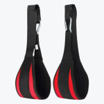 A pair of black and red padded hanging ab straps with metal carabiners on a white background.