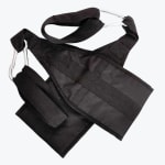 A pair of black hanging ab straps with metal carabiners on a white background.