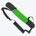 A green metal bicep arm blaster with black padded ends and an adjustable black neck strap, isolated on a white background.