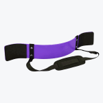 A purple metal bicep arm blaster with black padded elbow rests and an adjustable black neck strap, shown against a plain white background.