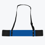 A blue metal arm blaster with black padded elbow rests and an adjustable black neck strap, isolated on a white background.