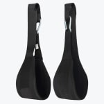 A pair of black hanging ab straps with padded cradles and silver metal carabiners, set against a plain white background.