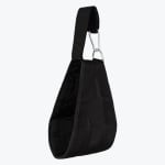 A black padded hanging ab strap with a steel carabiner clip, shown against a plain white background.