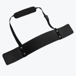 A black bicep arm blaster with an adjustable neck strap and padded neck protector, isolated on a white background.
