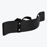 A black bicep arm blaster with a curved plate and adjustable neck strap, isolated on a white background.