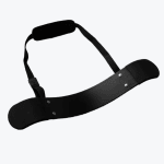 A black bicep arm blaster with an adjustable neck strap and padded elbow rests, isolated on a white background.