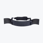 A black metal arm blaster with a curved chest plate and an adjustable neck strap, isolated on a white background.