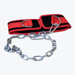 A red and black padded weightlifting dip belt with a metal chain and carabiner clip, isolated on a white background.