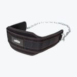 A black Addos weightlifting dip belt with red stitching and an attached steel chain on a white background.