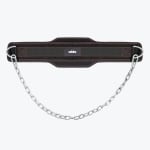A black Addos weightlifting dip belt with red stitching and a silver metal chain hanging below it against a white background.