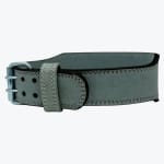 A professional grey suede weightlifting belt with a double-prong metal buckle on a solid white background.