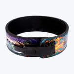 A thick weightlifting lever belt with anime artwork of Roronoa Zoro and fire patterns, featuring a black metal lever buckle on a white background.
