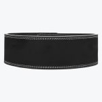A thick black leather weightlifting belt with double-row white stitching, shown standing upright against a plain white background.