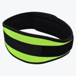 A neon green weightlifting belt with a central black velcro strap, shown on a white background.