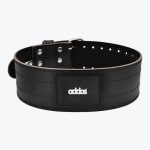 A black leather weightlifting belt with the Addos logo on a central patch, set against a clean white background.