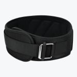 A black weightlifting belt with a mesh outer layer and a silver metal buckle, shown in a circular shape against a plain white background.