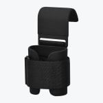 A single black weightlifting hook featuring a wide, coated metal hook and a padded, adjustable black wrist strap, isolated on a white background.