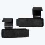 A pair of black weightlifting hooks with padded wrist wraps, displayed against a plain white background.